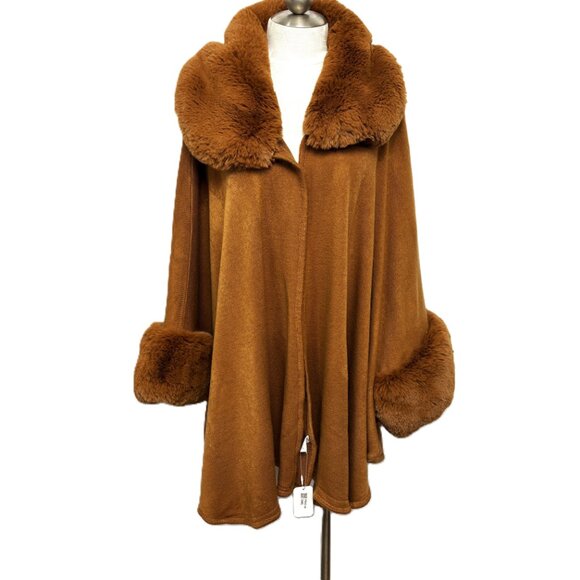 R Shawl Poncho Camel Color Wrap with Faux Fur Trim NWT - Picture 1 of 7